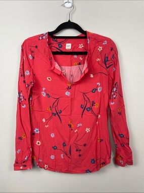 GAP Coral-Pink Floral Split V-Neck Blouse